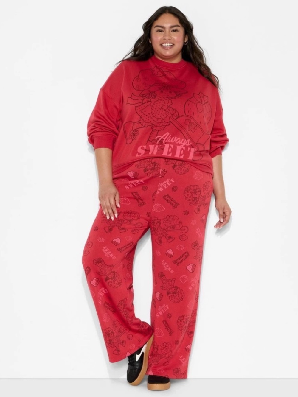 Women's Strawberry Print Wide Leg Fleece Graphic Pants - Red 2X